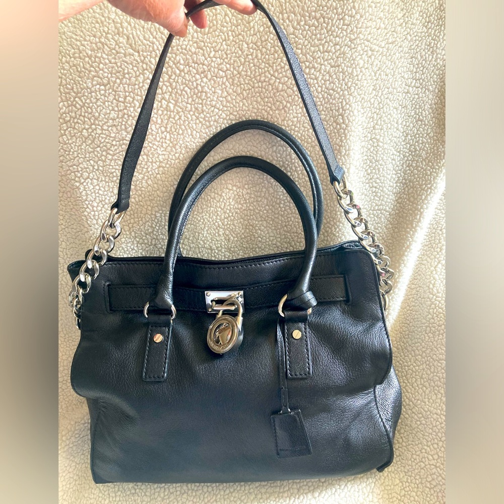 Michael Kors Hamilton Satchel Shoulder bag Luxurious Saffiano Black Leather EUC!